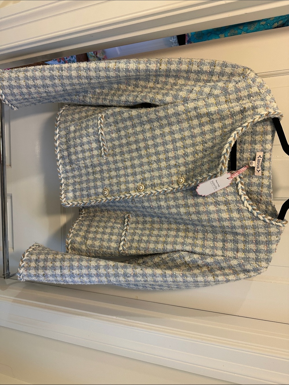 Nannette Blue and Cream Tweed Houndstooth Cropped Blazer